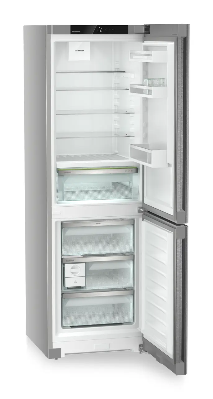Immagine del prodotto, Prospettiva: Inclinato aperto vuoto, Combinato frigo-congelatore con BioFresh e NoFrost, Colore della struttura: argento, Colore della porta: acciaio inox
