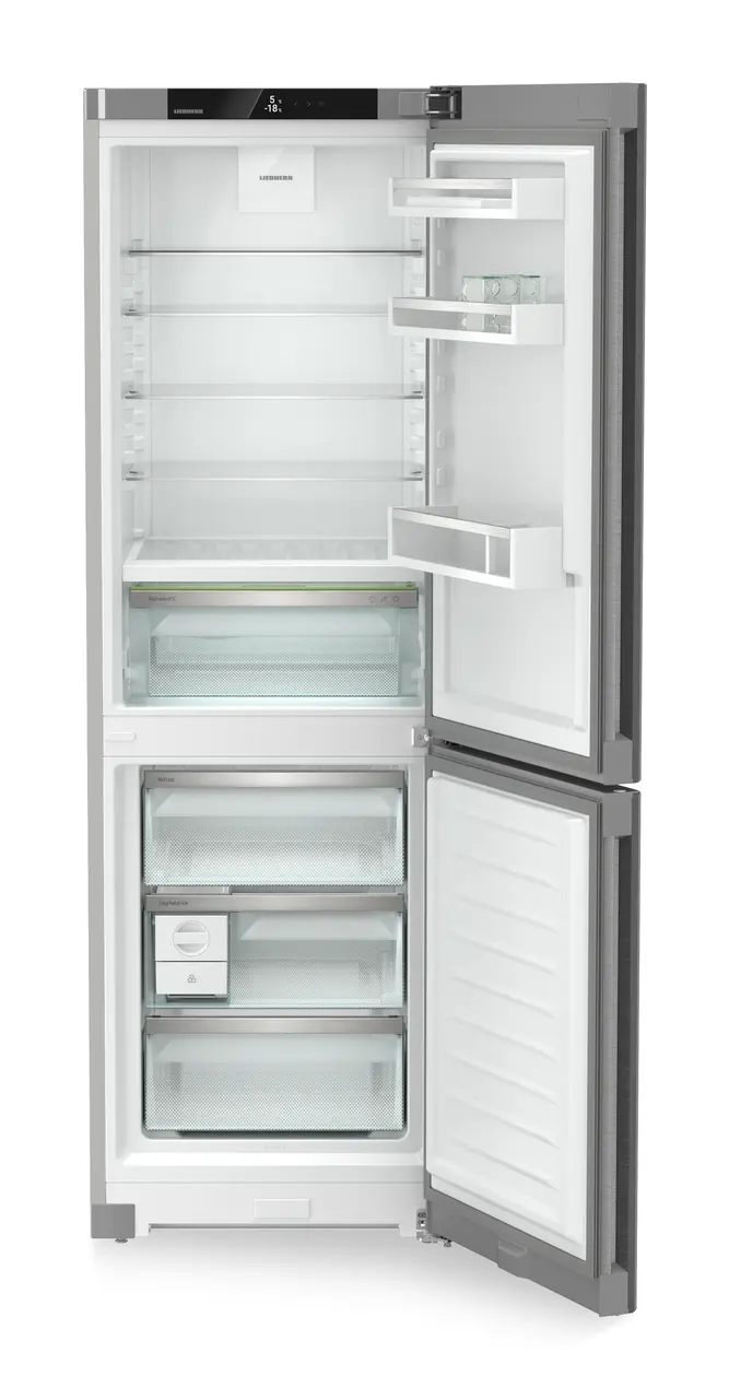 Immagine del prodotto, Prospettiva: Frontale aperto vuoto, Combinato frigo-congelatore con BioFresh e NoFrost, Colore della struttura: argento, Colore della porta: acciaio inox