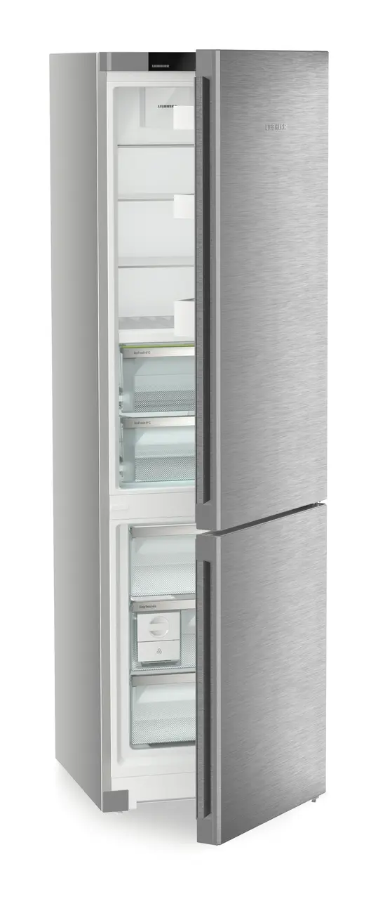 Immagine del prodotto, Prospettiva: Inclinato semiaperto vuoto, Combinato frigo-congelatore con BioFresh e NoFrost, Colore della struttura: argento, Colore della porta: acciaio inox