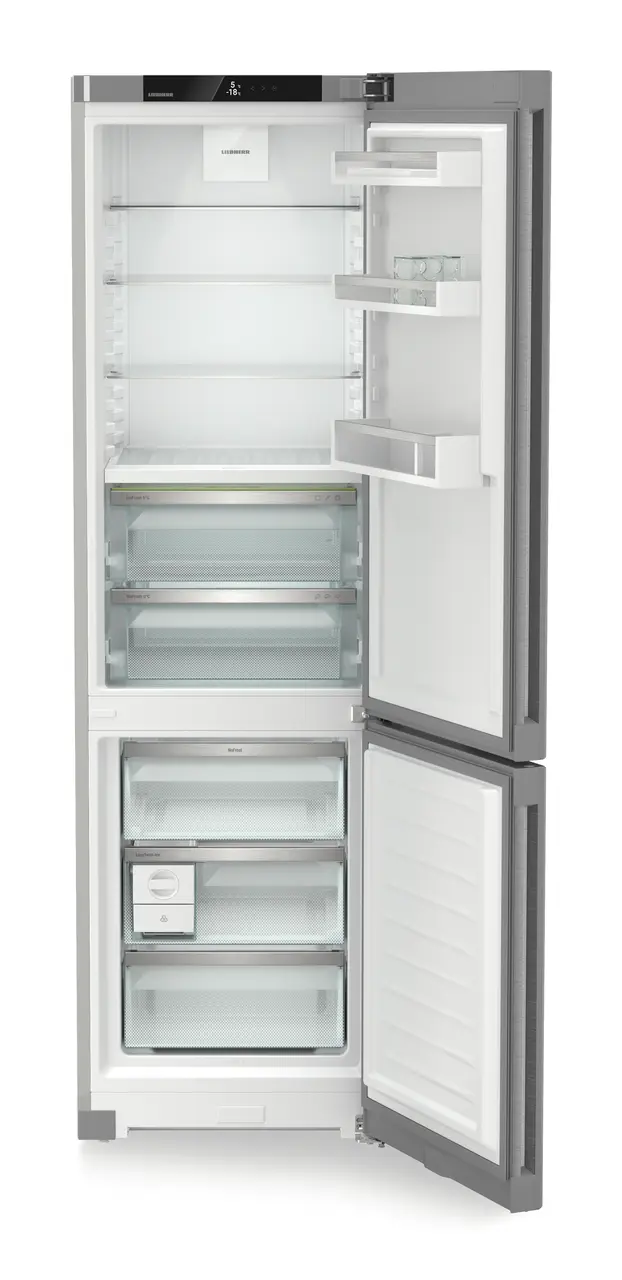 Immagine del prodotto, Prospettiva: Frontale aperto vuoto, Combinato frigo-congelatore con BioFresh e NoFrost, Colore della struttura: argento, Colore della porta: acciaio inox