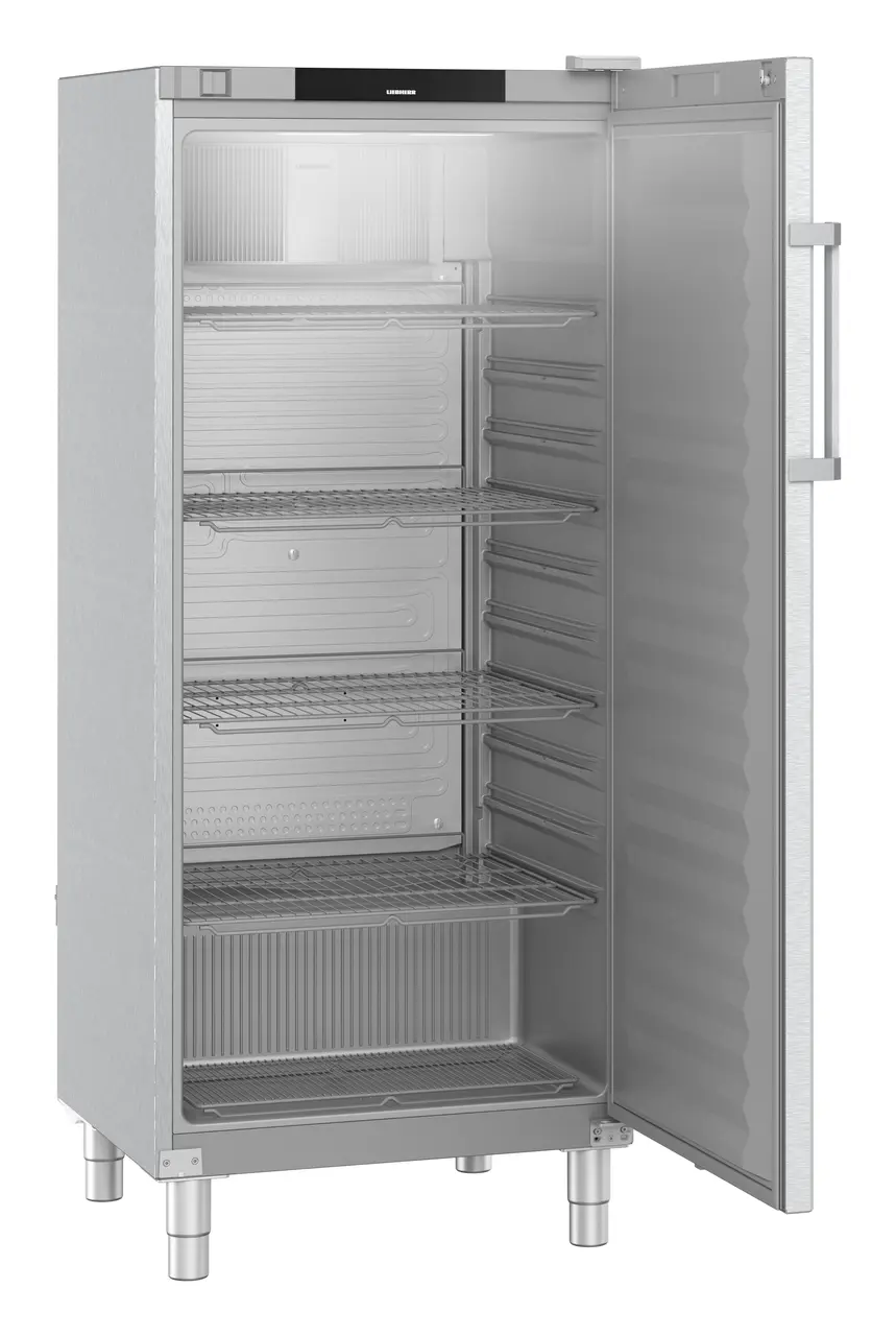Product image, Perspective: oblique open empty, Forced-air refrigerator, Casing colour: stainless steel, Door colour: stainless steel