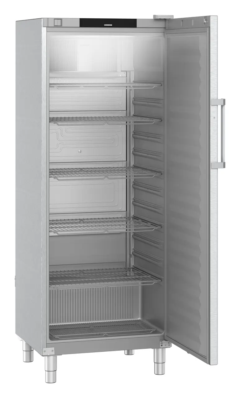 Product image, Perspective: oblique open empty, Forced-air refrigerator, Casing colour: stainless steel, Door colour: stainless steel