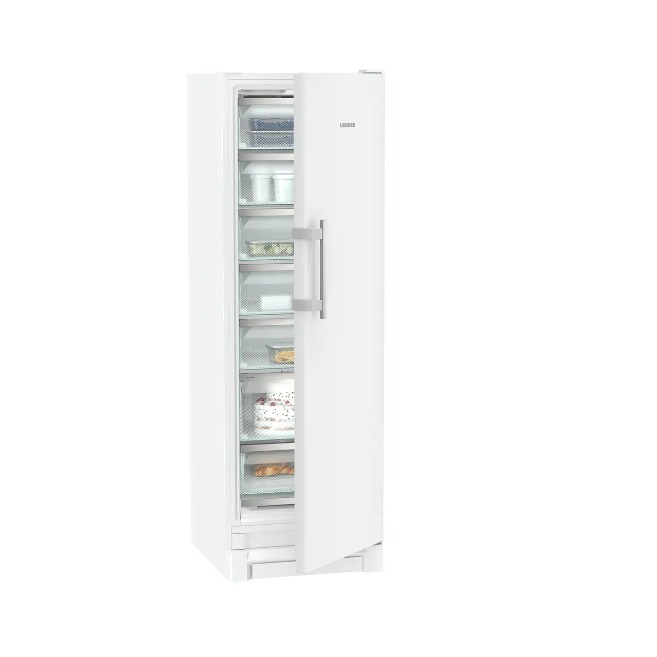 Product image, Perspective: oblique half-open decorated, Freestanding freezer with BluRoX technology and NoFrost, Casing colour: white, Door colour: white