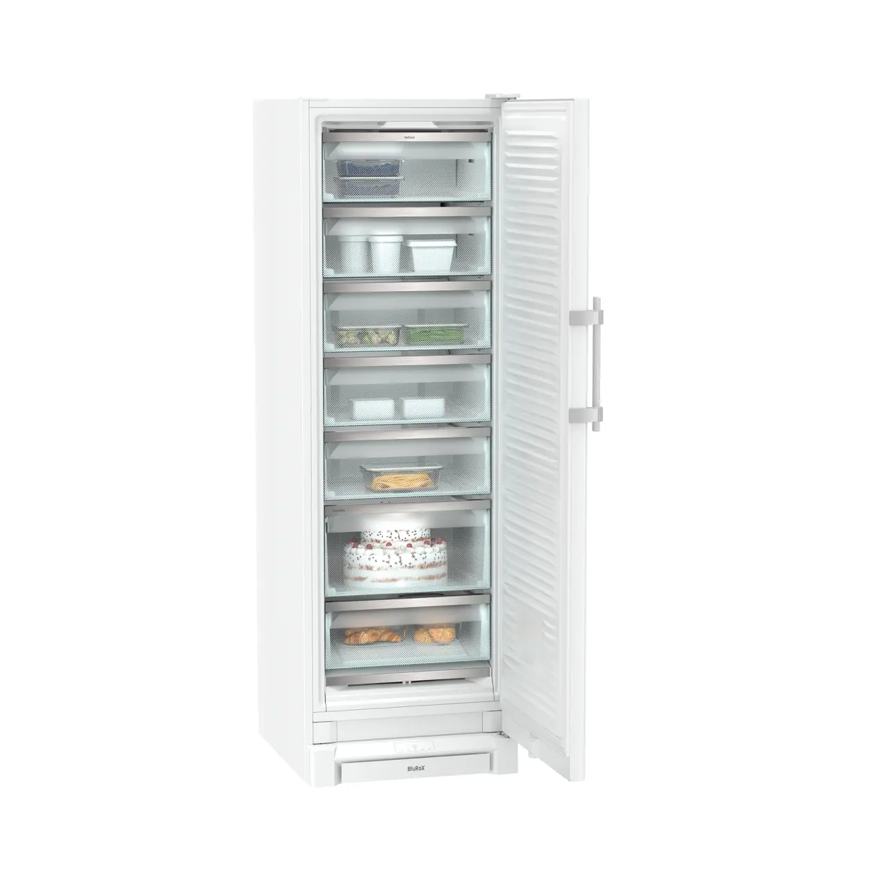 Product image, Perspective: oblique open decorated, Freestanding freezer with BluRoX technology and NoFrost, Casing colour: white, Door colour: white