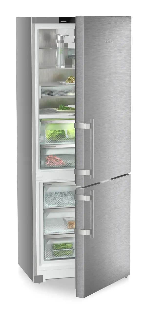 Image de produit, Perspective: Oblique semi-ouvert décoré, Réf.-congel. avec BioFresh Professional. NoFrost, Couleur de l’habillage: Argent, Couleur de porte: Acier inox