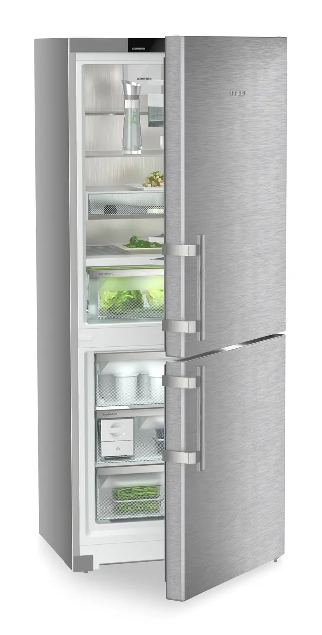 Product image, Perspective: oblique half-open decorated, Fridge-freezer with BioFresh and NoFrost, Casing colour: silver, Door colour: stainless steel