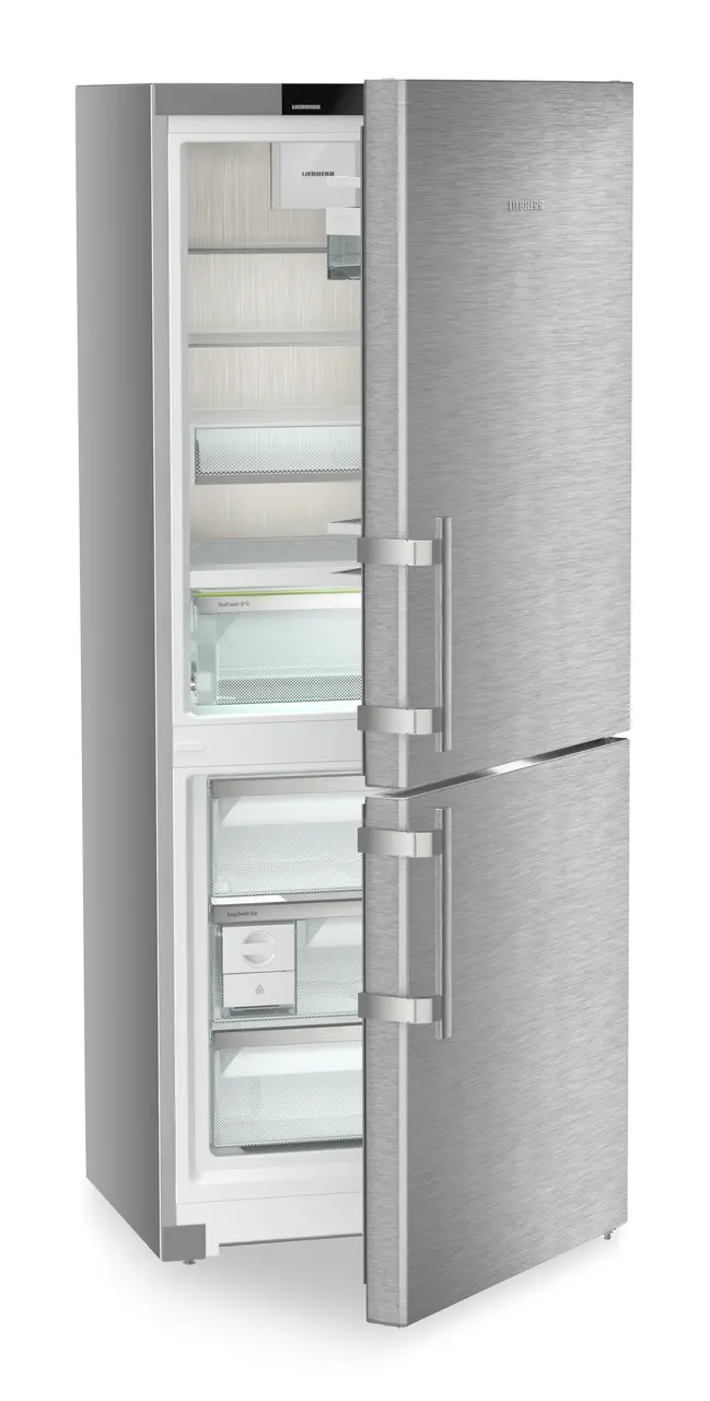 Product image, Perspective: oblique half-open empty, Fridge-freezer with BioFresh and NoFrost, Casing colour: silver, Door colour: stainless steel