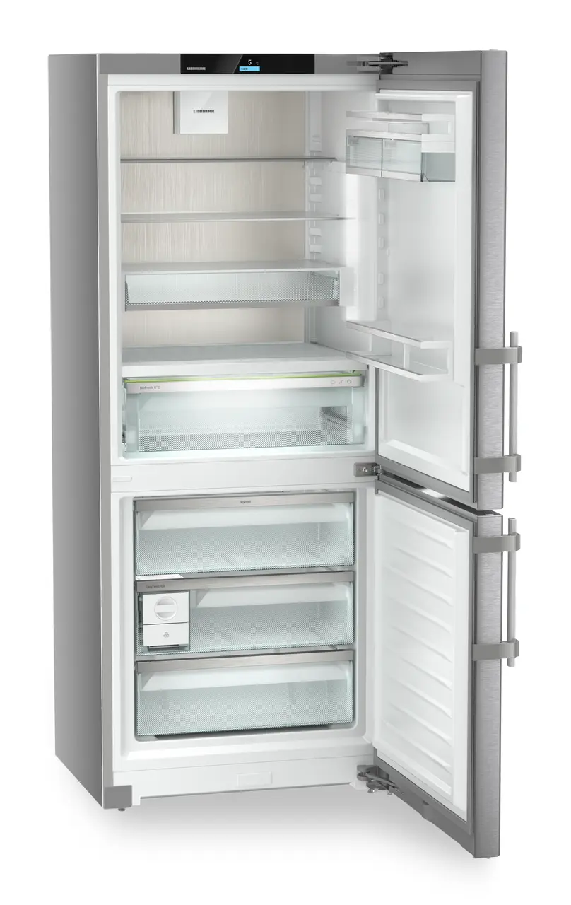 Product image, Perspective: oblique open empty, Fridge-freezer with BioFresh and NoFrost, Casing colour: silver, Door colour: stainless steel