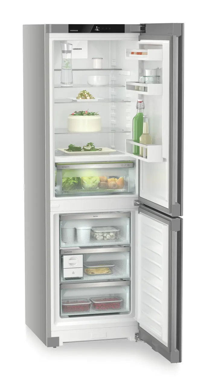 Produkt-Bild, Perspektive: schräg offen dekoriert, Kühl-Gefrierkombination mit BioFresh und NoFrost, Gehäusefarbe: Silver, Türfarbe: Steelfinish