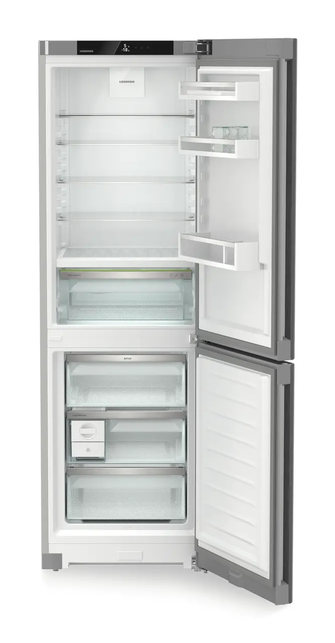 Produkt-Bild, Perspektive: gerade offen leer, Kühl-Gefrierkombination mit BioFresh und NoFrost, Gehäusefarbe: Silver, Türfarbe: Steelfinish