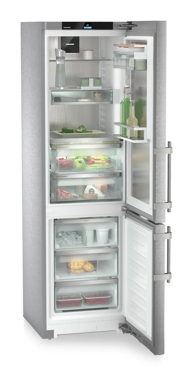 Image de produit, Perspective: Oblique ouvert décoré, Réf.-congel. avec BioFresh Professional. NoFrost, Couleur de l’habillage: Acier inox, Couleur de porte: Acier inox