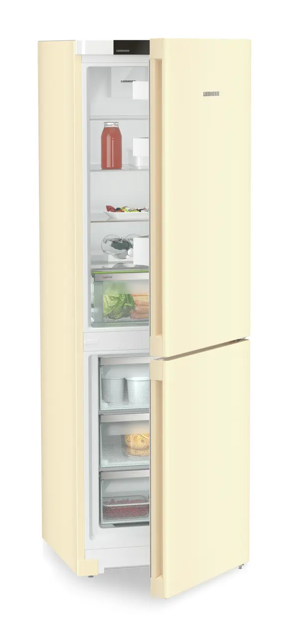 Product image, Perspective: oblique half-open decorated, Combined fridge-freezer with EasyFresh and NoFrost, Casing colour: beige, Door colour: beige