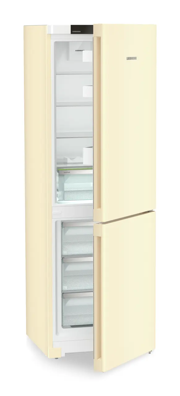 Product image, Perspective: oblique half-open empty, Combined fridge-freezer with EasyFresh and NoFrost, Casing colour: beige, Door colour: beige