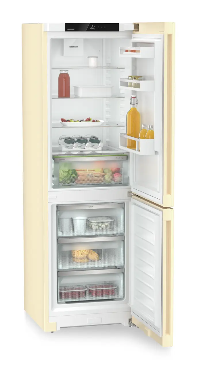 Product image, Perspective: oblique open decorated, Combined fridge-freezer with EasyFresh and NoFrost, Casing colour: beige, Door colour: beige