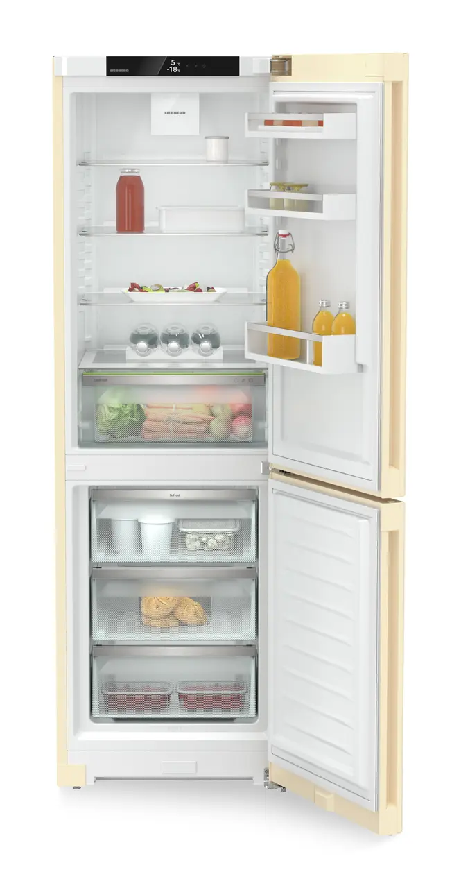 Product image, Perspective: straight open decorated, Combined fridge-freezer with EasyFresh and NoFrost, Casing colour: beige, Door colour: beige