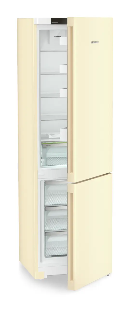 Product image, Perspective: oblique half-open empty, Combined fridge-freezer with EasyFresh and NoFrost, Casing colour: beige, Door colour: beige