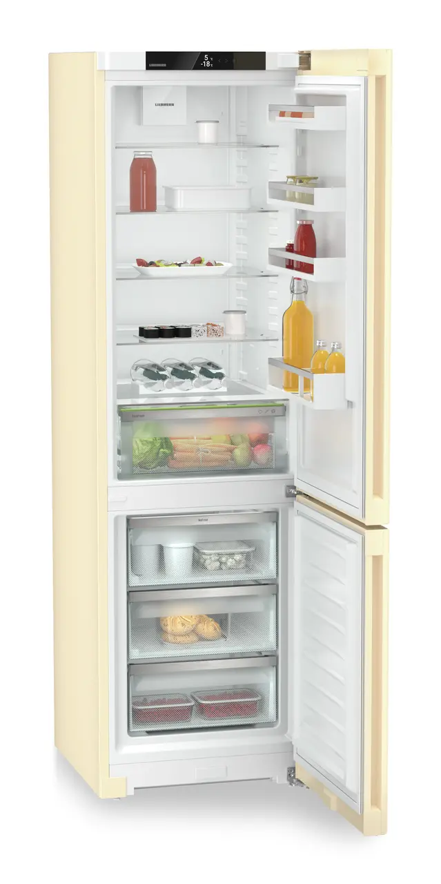 Product image, Perspective: oblique open decorated, Combined fridge-freezer with EasyFresh and NoFrost, Casing colour: beige, Door colour: beige