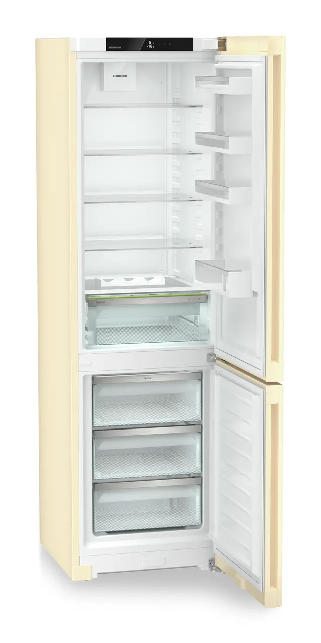 Product image, Perspective: oblique open empty, Combined fridge-freezer with EasyFresh and NoFrost, Casing colour: beige, Door colour: beige