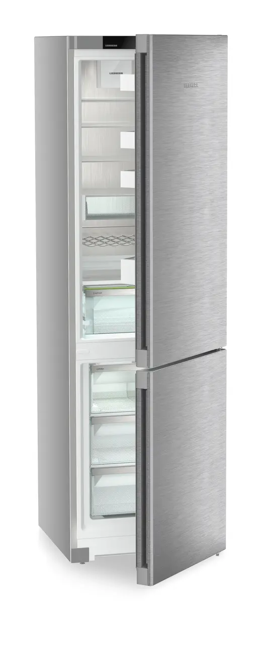 Image de produit, Perspective: Oblique semi-ouvert vide, Combinés réf.congel. avec EasyFresh. NoFrost, Couleur de l’habillage: Argent, Couleur de porte: Acier inox