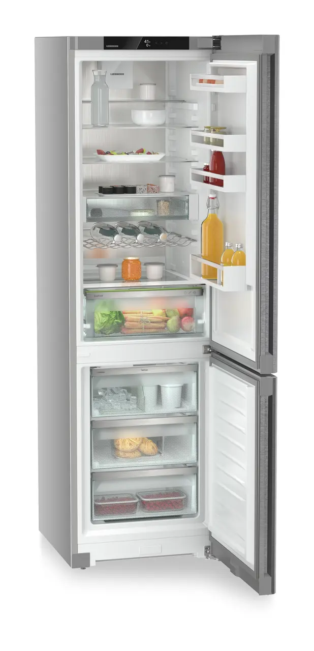 Image de produit, Perspective: Oblique ouvert décoré, Combinés réf.congel. avec EasyFresh. NoFrost, Couleur de l’habillage: Argent, Couleur de porte: Acier inox