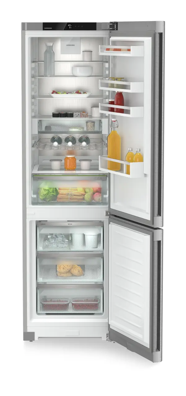 Image de produit, Perspective: Droit ouvert décoré, Combinés réf.congel. avec EasyFresh. NoFrost, Couleur de l’habillage: Argent, Couleur de porte: Acier inox