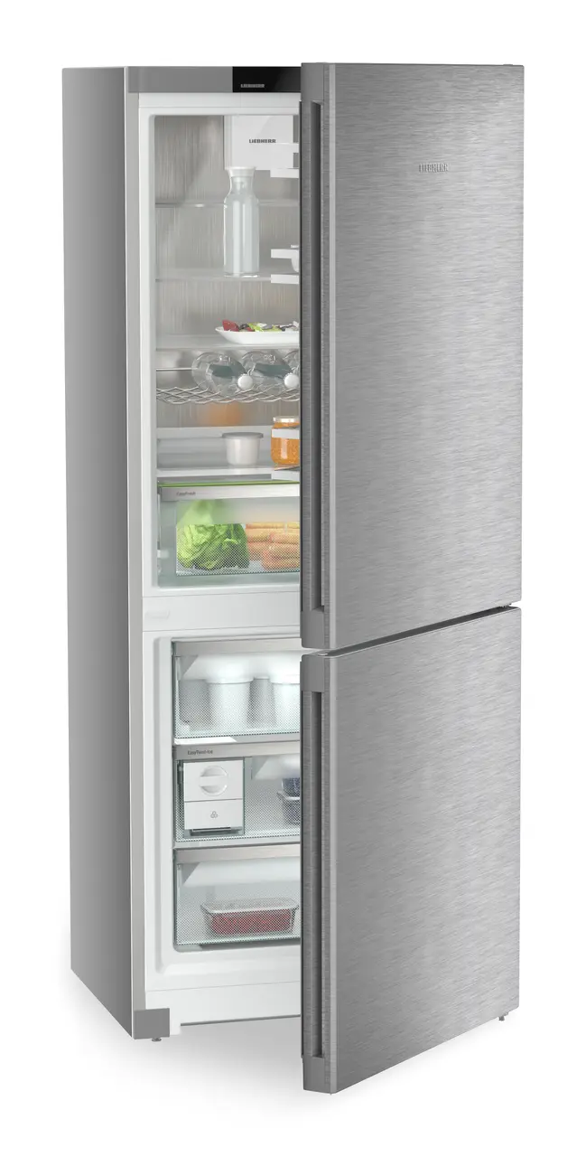 Image de produit, Perspective: Oblique semi-ouvert décoré, Combinés réf.congel. avec EasyFresh. NoFrost, Couleur de l’habillage: Argent, Couleur de porte: Acier inox
