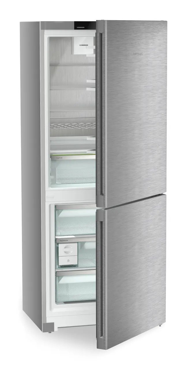 Image de produit, Perspective: Oblique semi-ouvert vide, Combinés réf.congel. avec EasyFresh. NoFrost, Couleur de l’habillage: Argent, Couleur de porte: Acier inox