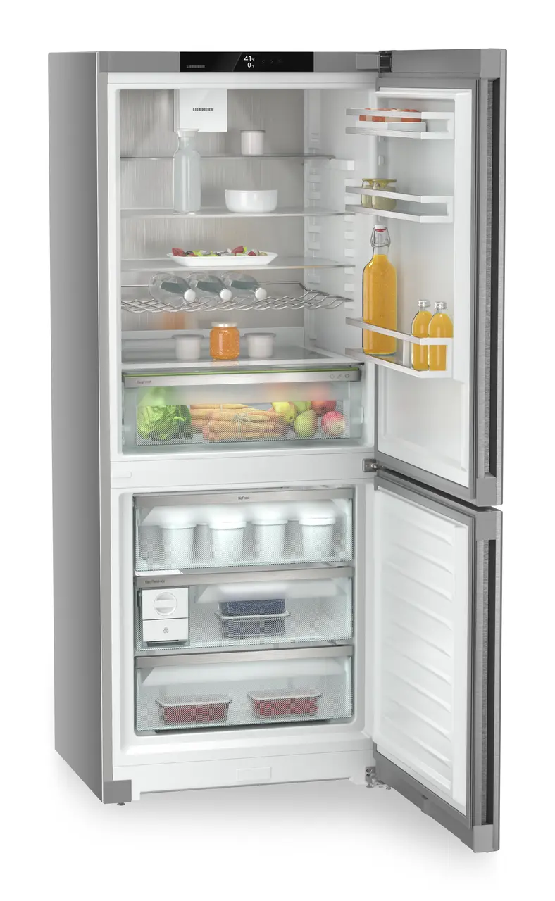 Image de produit, Perspective: Oblique ouvert décoré, Combinés réf.congel. avec EasyFresh. NoFrost, Couleur de l’habillage: Argent, Couleur de porte: Acier inox