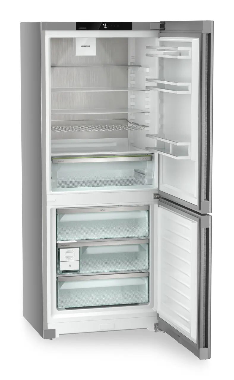 Image de produit, Perspective: Oblique ouvert vide, Combinés réf.congel. avec EasyFresh. NoFrost, Couleur de l’habillage: Argent, Couleur de porte: Acier inox