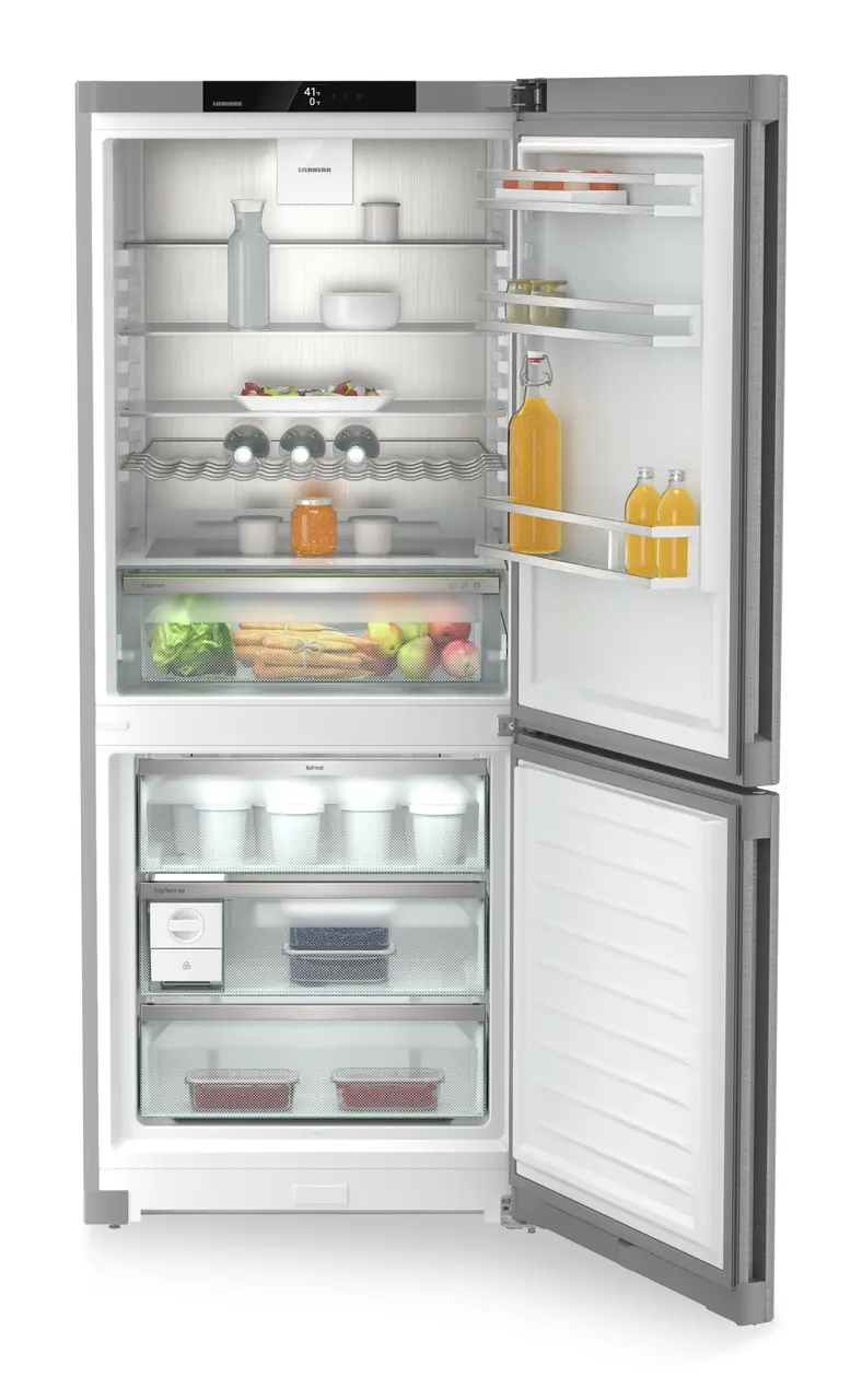 Image de produit, Perspective: Droit ouvert décoré, Combinés réf.congel. avec EasyFresh. NoFrost, Couleur de l’habillage: Argent, Couleur de porte: Acier inox