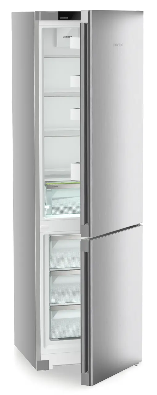 Produkt-Bild, Perspektive: schräg halb offen leer, Kühl-Gefrierkombination mit EasyFresh und NoFrost, Gehäusefarbe: Silver, Türfarbe: Steelfinish