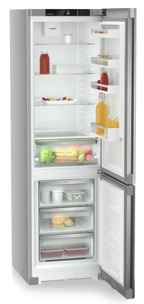 Produkt-Bild, Perspektive: schräg offen dekoriert, Kühl-Gefrierkombination mit EasyFresh und NoFrost, Gehäusefarbe: Silver, Türfarbe: Steelfinish