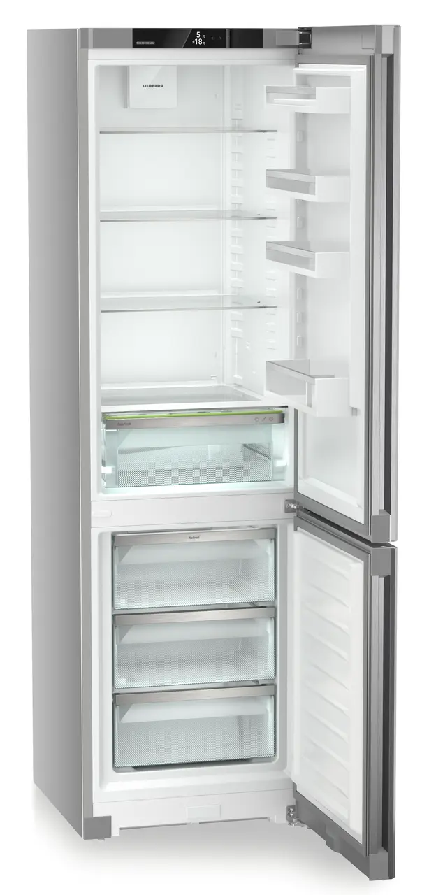 Produkt-Bild, Perspektive: schräg offen leer, Kühl-Gefrierkombination mit EasyFresh und NoFrost, Gehäusefarbe: Silver, Türfarbe: Steelfinish
