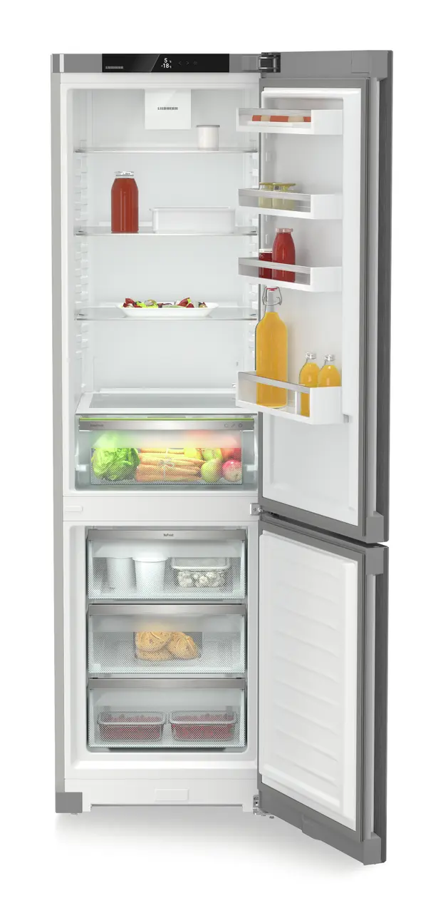 Produkt-Bild, Perspektive: gerade offen dekoriert, Kühl-Gefrierkombination mit EasyFresh und NoFrost, Gehäusefarbe: Silver, Türfarbe: Steelfinish