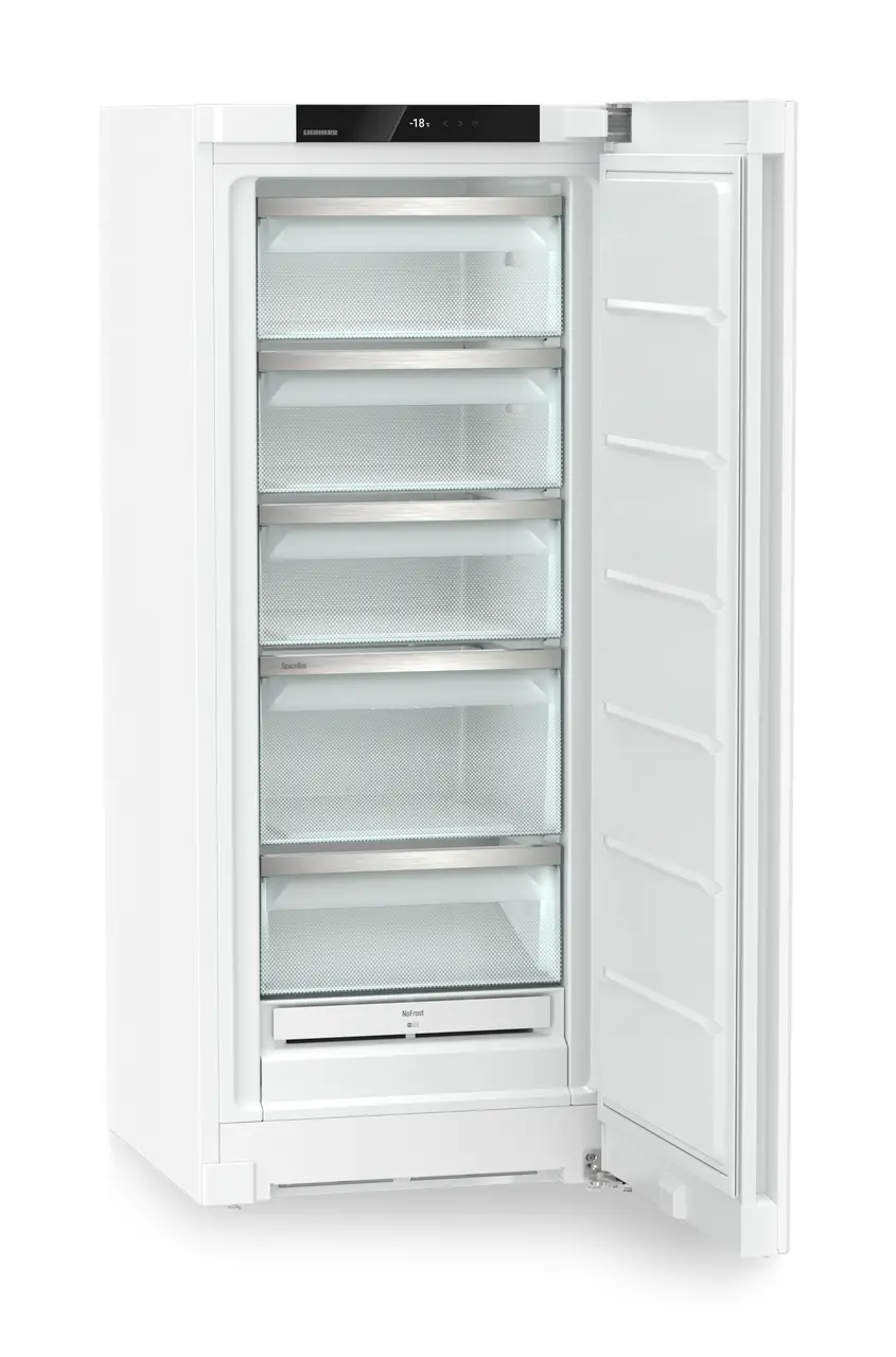 Produktbild, Perspektiv: Vinklad, öppen, tom, Fristående frysskåp med NoFrost, Färg på hölje: Vit, Färg på dörr: Vit