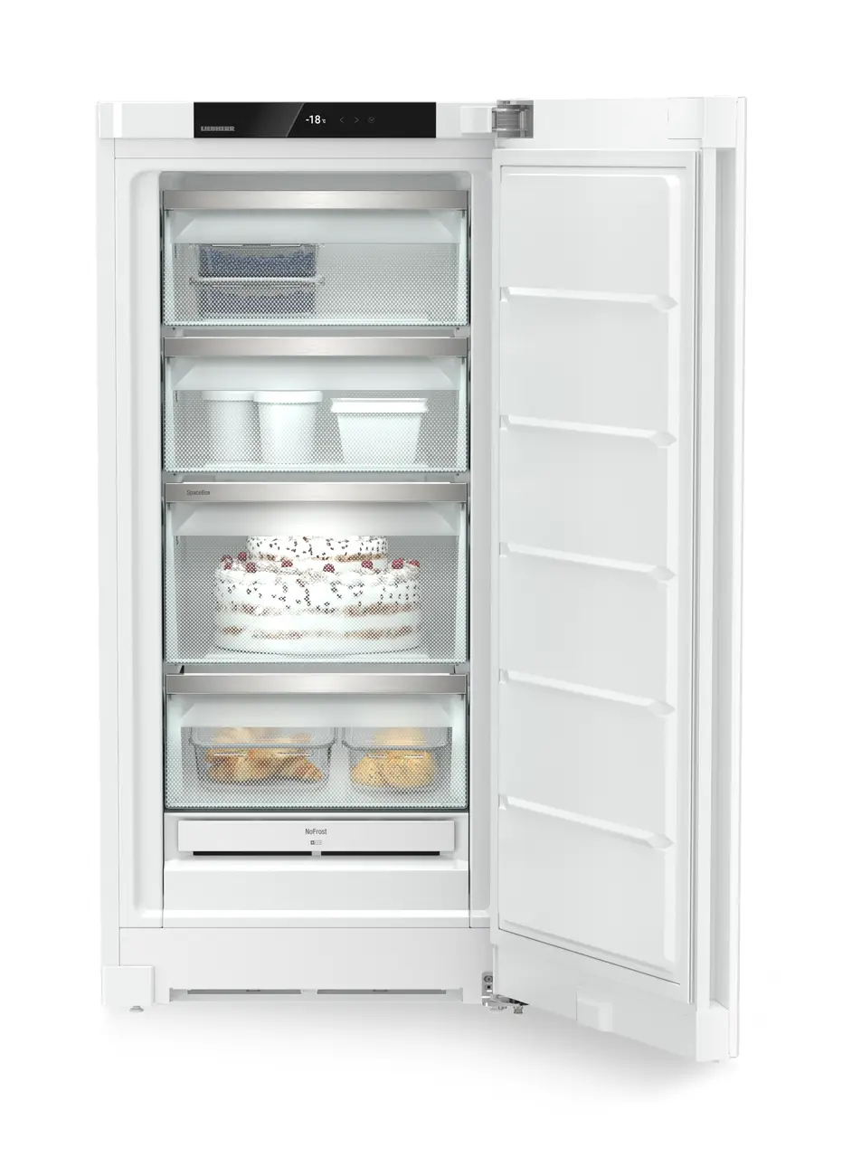 Produktbild, Perspektiv: Framifrån, öppen, fylld, Fristående frysskåp med NoFrost, Färg på hölje: Vit, Färg på dörr: Vit