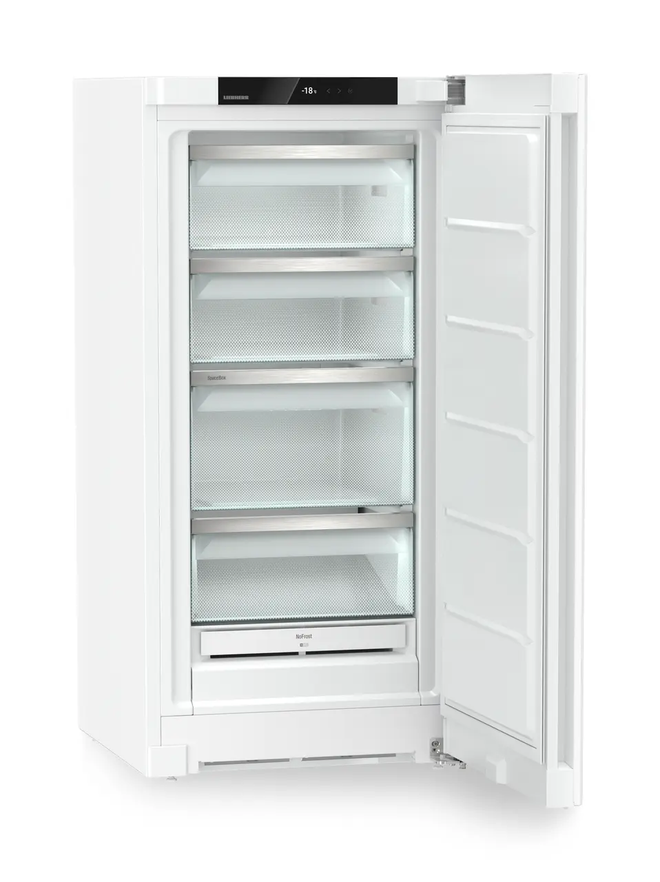 Produktbild, Perspektiv: Vinklad, öppen, tom, Fristående frysskåp med NoFrost, Färg på hölje: Vit, Färg på dörr: Vit