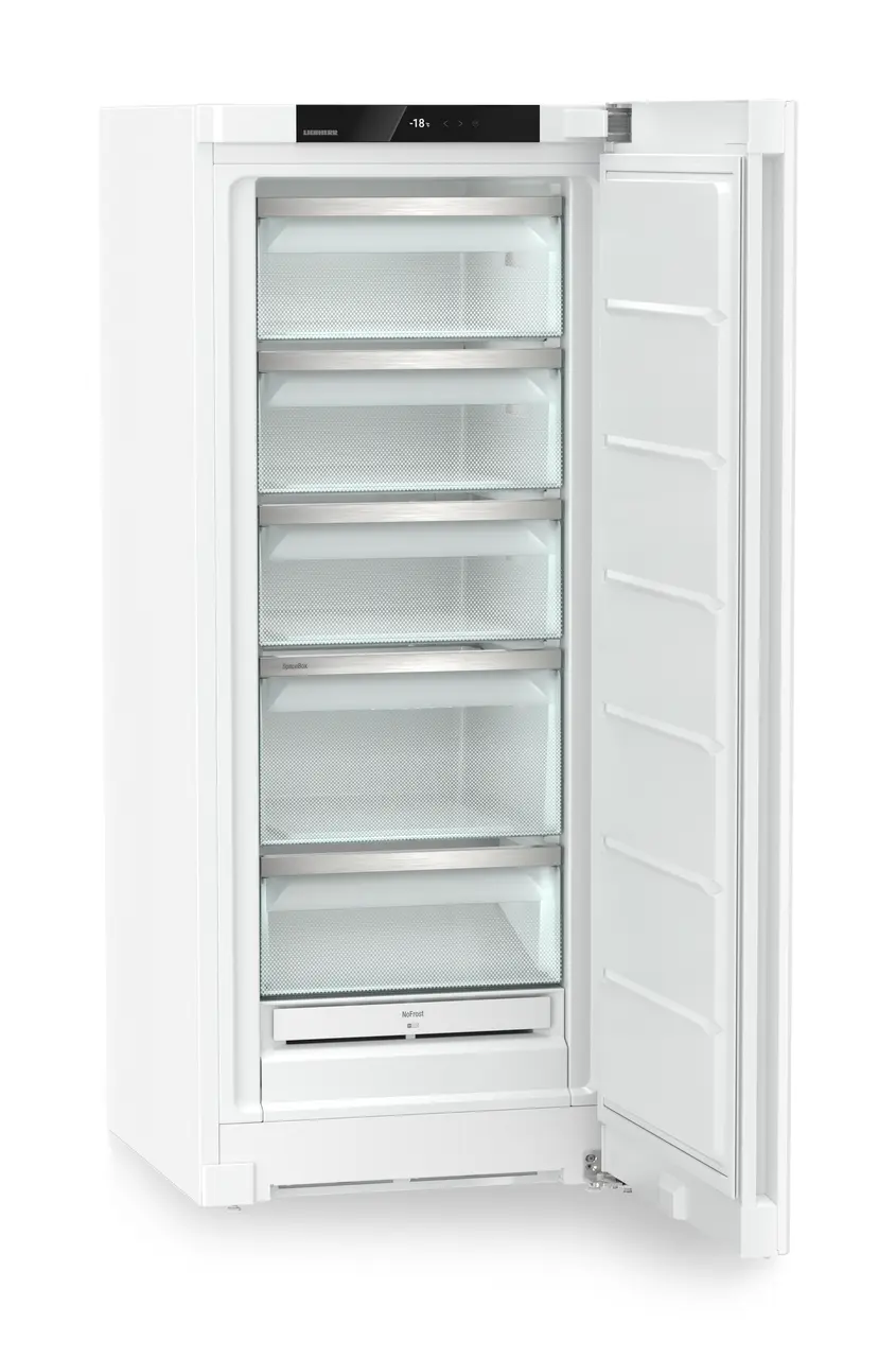 Produkt-Bild, Perspektive: schräg offen leer, Standgefrierschrank mit NoFrost, Gehäusefarbe: Weiß, Türfarbe: Weiß