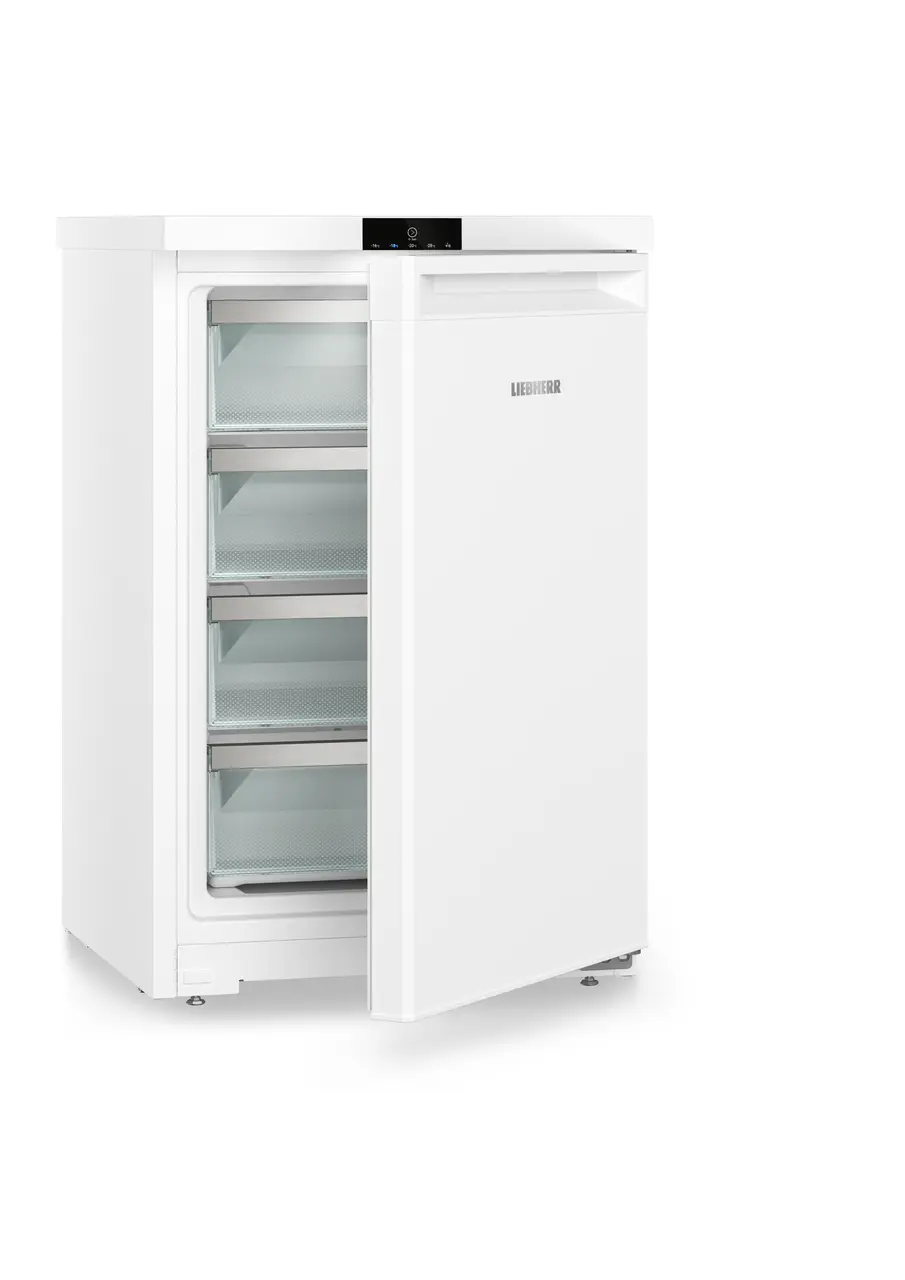 Obrázek výrobku, Perspektiva: Zešikma napůl otevřený prázdný, Stolní mraznicka s NoFrost, Barva skříně: bílá, Barva dveří: bílá