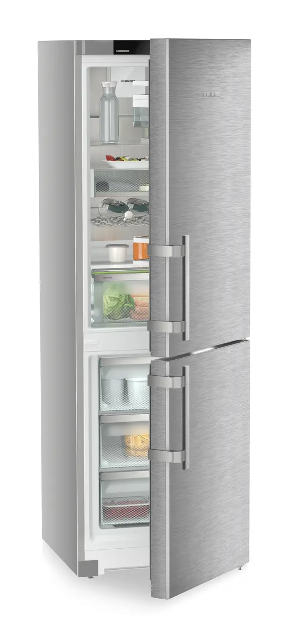 Product image, Perspective: oblique half-open decorated, Combined fridge-freezer with EasyFresh and NoFrost, Casing colour: silver, Door colour: stainless steel