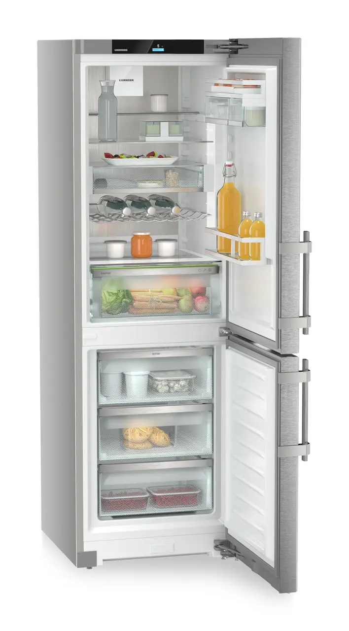 Product image, Perspective: oblique open decorated, Combined fridge-freezer with EasyFresh and NoFrost, Casing colour: silver, Door colour: stainless steel