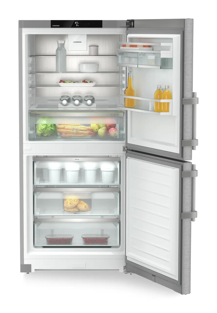 Image de produit, Perspective: Droit ouvert décoré, Combinés réf.congel. avec EasyFresh. NoFrost, Couleur de l’habillage: Argent, Couleur de porte: Acier inox