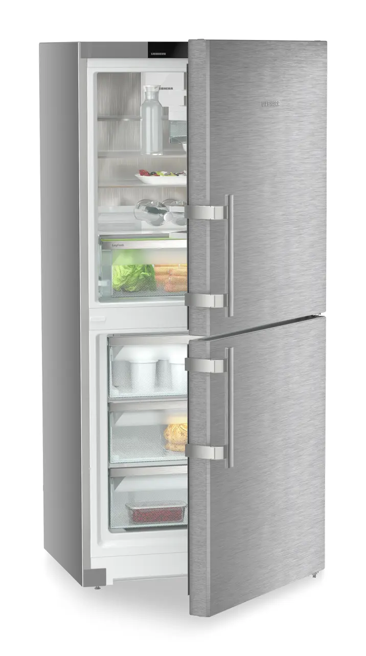 Image de produit, Perspective: Oblique semi-ouvert décoré, Combinés réf.congel. avec EasyFresh. NoFrost, Couleur de l’habillage: Argent, Couleur de porte: Acier inox