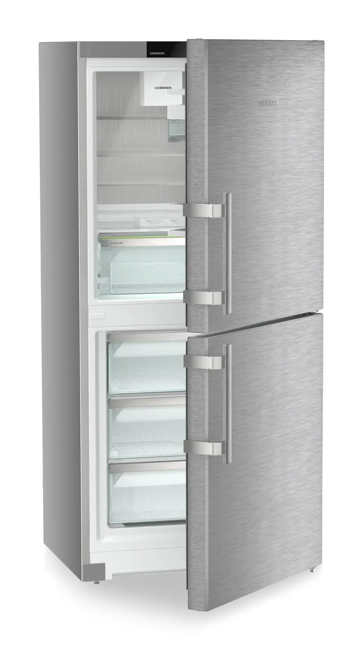 Image de produit, Perspective: Oblique semi-ouvert vide, Combinés réf.congel. avec EasyFresh. NoFrost, Couleur de l’habillage: Argent, Couleur de porte: Acier inox
