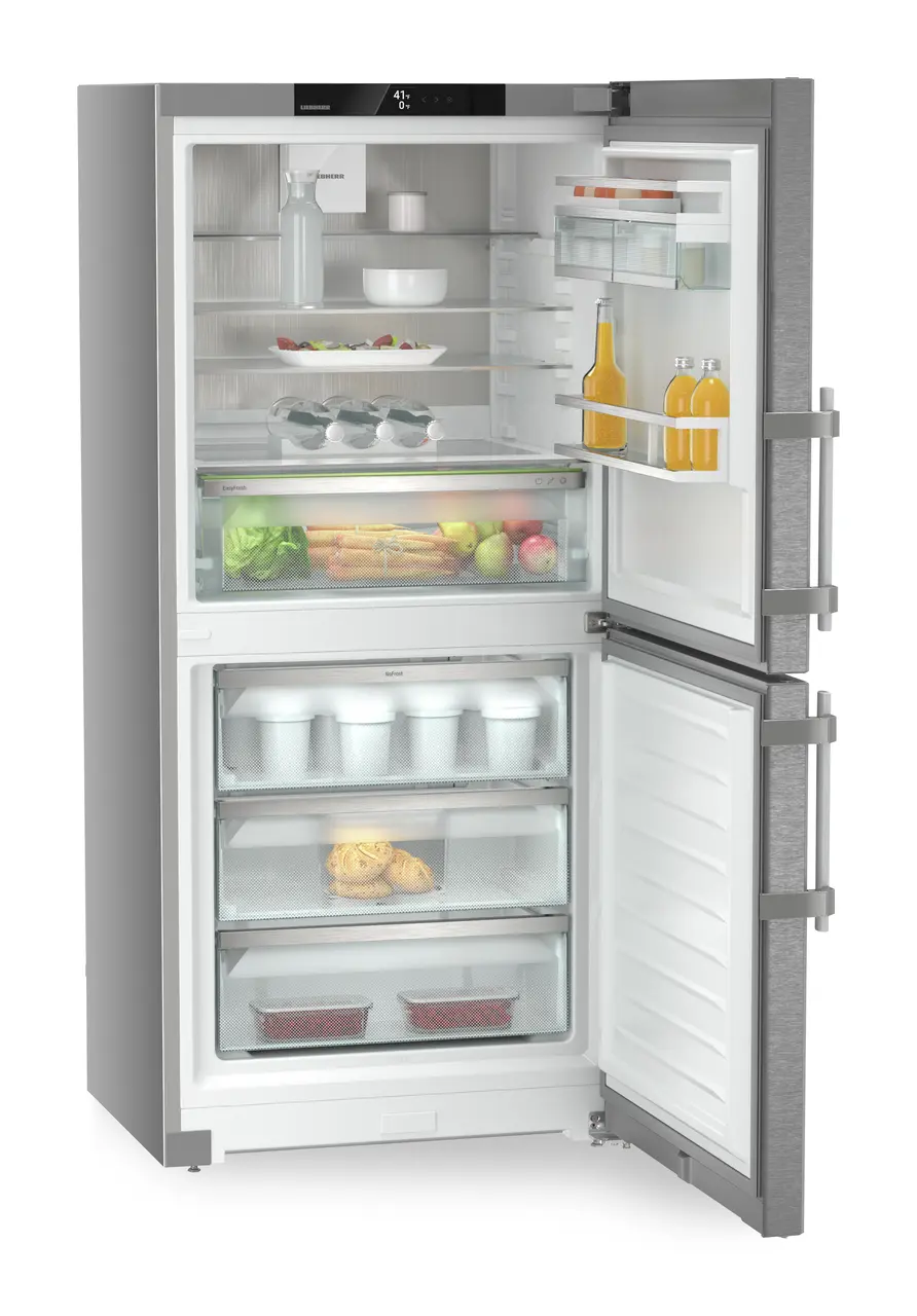 Image de produit, Perspective: Oblique ouvert décoré, Combinés réf.congel. avec EasyFresh. NoFrost, Couleur de l’habillage: Argent, Couleur de porte: Acier inox