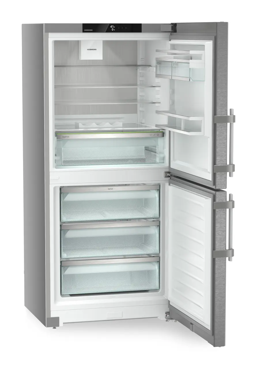Image de produit, Perspective: Oblique ouvert vide, Combinés réf.congel. avec EasyFresh. NoFrost, Couleur de l’habillage: Argent, Couleur de porte: Acier inox
