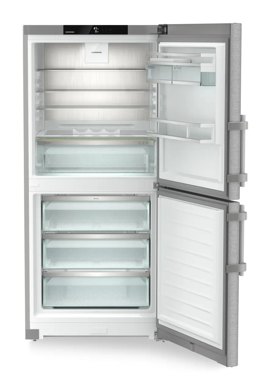 Image de produit, Perspective: Droit ouvert vide, Combinés réf.congel. avec EasyFresh. NoFrost, Couleur de l’habillage: Argent, Couleur de porte: Acier inox