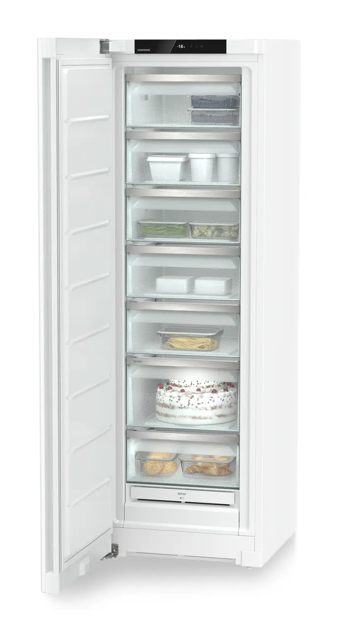 Product image, Perspective: oblique open decorated, Freestanding freezer with NoFrost, Casing colour: white, Door colour: white