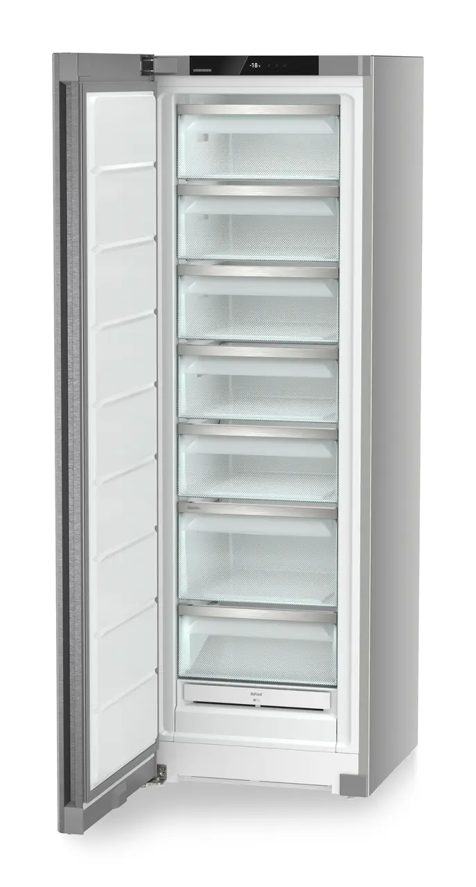 Product image, Perspective: oblique open empty, Freestanding freezer with NoFrost, Casing colour: silver, Door colour: stainless steel