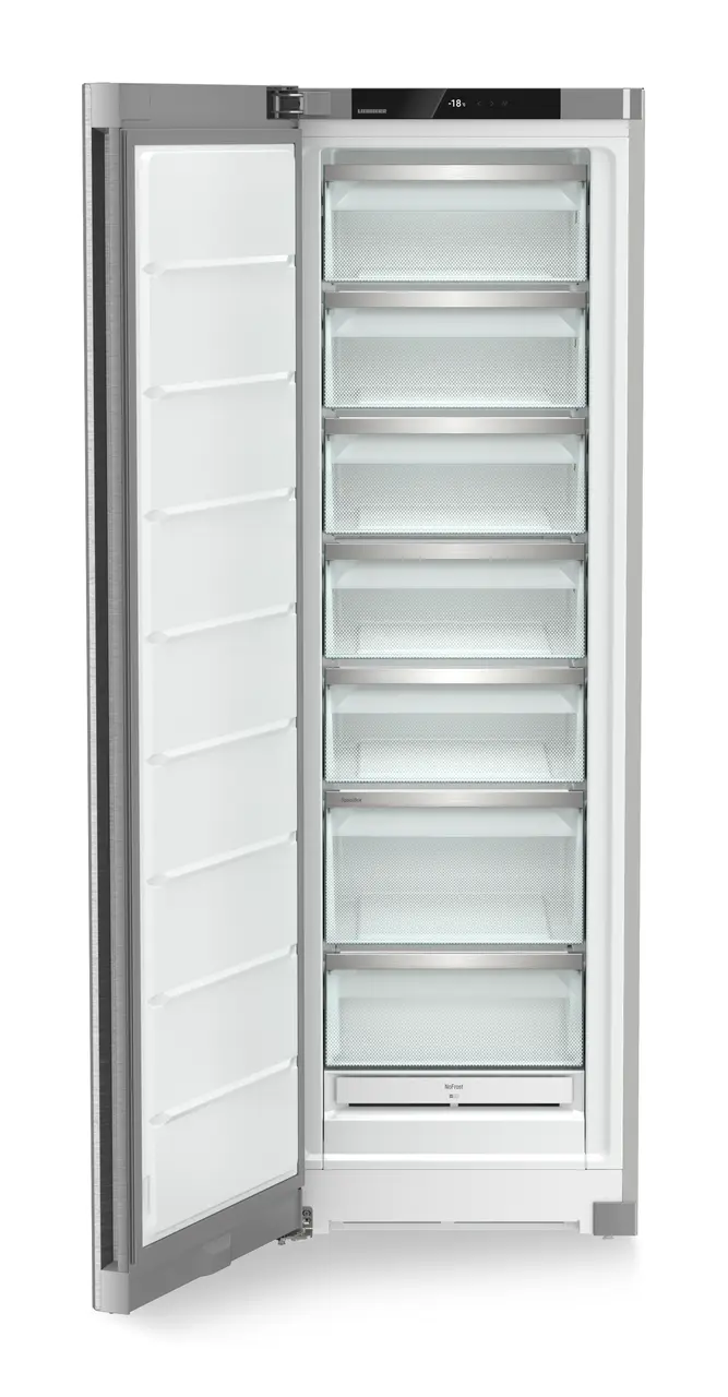 Product image, Perspective: straight open empty, Freestanding freezer with NoFrost, Casing colour: silver, Door colour: stainless steel